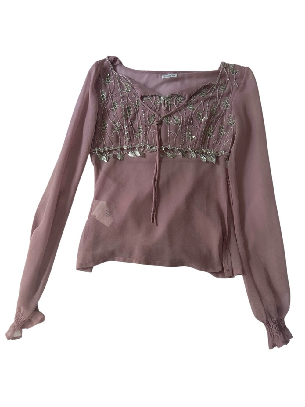 Motivi Dusty Rose Embroidered Tie-Front Chiffon Blouse